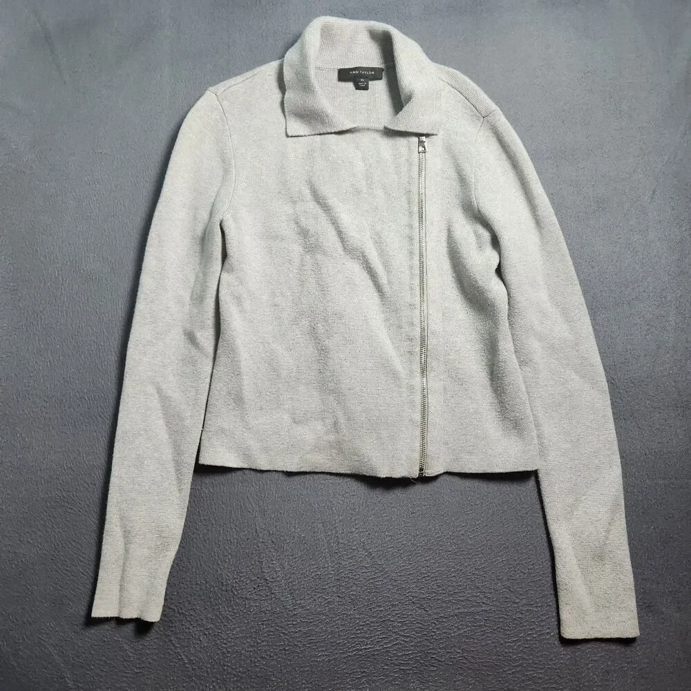 Ann Taylor Cardigan Women XS Gray Full Asymmetrical Zip Moto Sweater